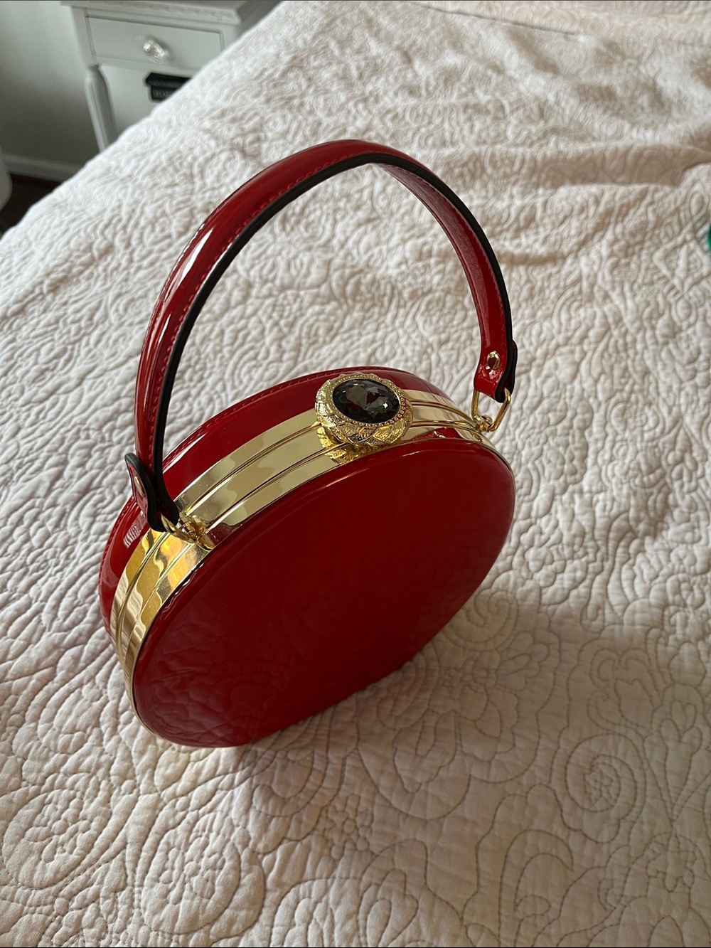 Red Patent Round Top-Handle Bag with Gold Trim and Jeweled Knob Top